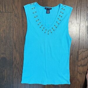 Vintage Y2K Boho Beaded Sleeveless Ribbed Knit Tank SML Sz XL V Neck Blue Casual